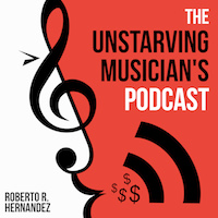 The Unstarving Musician's Podcast (logo), hosted by Roberto R Hernandez (aka Robonzo), The podcast for indie musicians.