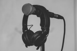 Microphone on stand with headphones
