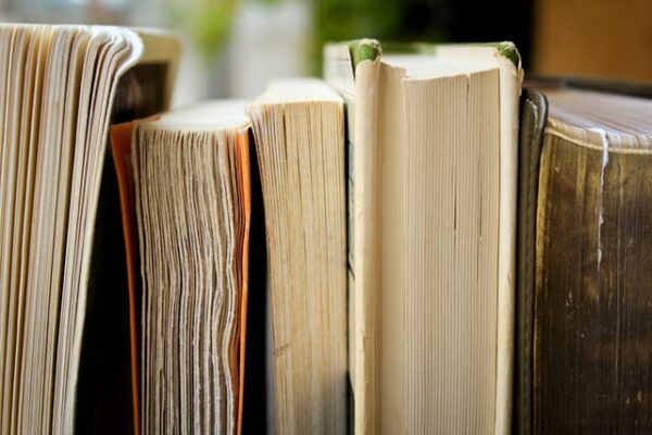 Worn out books standing upright