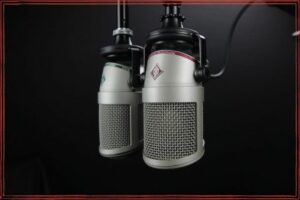 Two gray condenser mics on black background | Cross promo promotional
