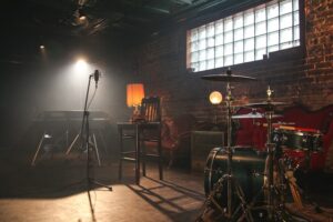 Music room with lights turned on