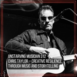 Episode art featuring black & white photo of Chris Taylor, on stage with acoustic guitar, wearing sun glasses. (Image by JoJoDancerPhotos)