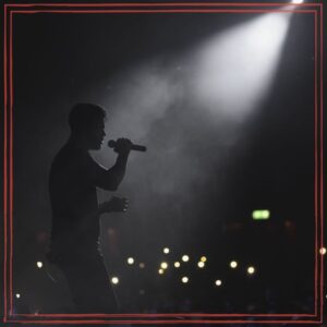 A man singing on stage lit by a single spotlight while holding a microphone